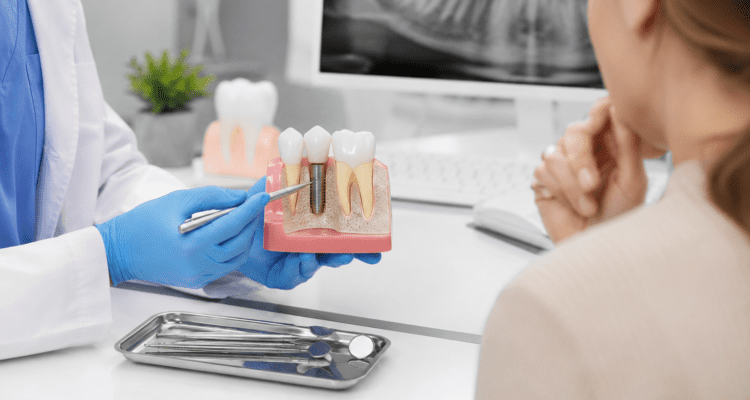 Dental consultation with implant model demonstration